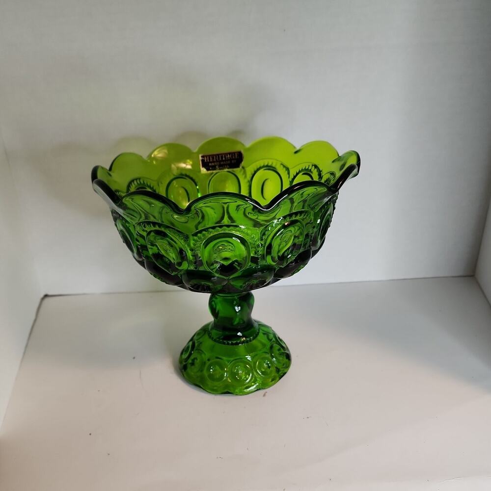 Vtg Large LE Smith Moon & Stars Green Glass 7" Open Compote Scallop Edge Sticker